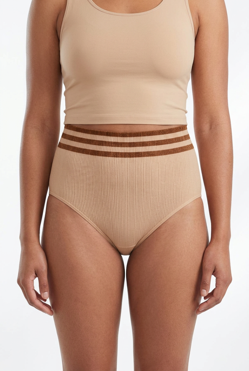 Beige ribbed high-waist brief on an adult model