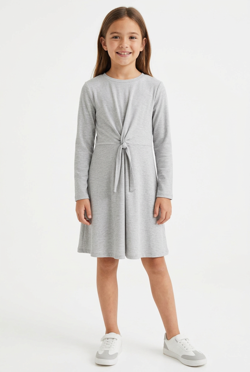 Model wearing a light grey long-sleeve twist-front dress
