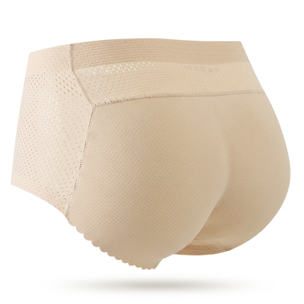 Beige padded shaping panties with mesh panels, rear three-quarter view