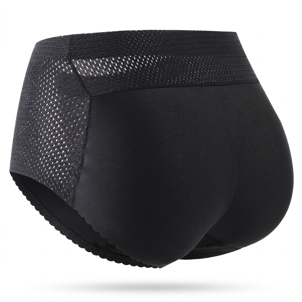 Black padded shaping panties with mesh panels, rear three-quarter view