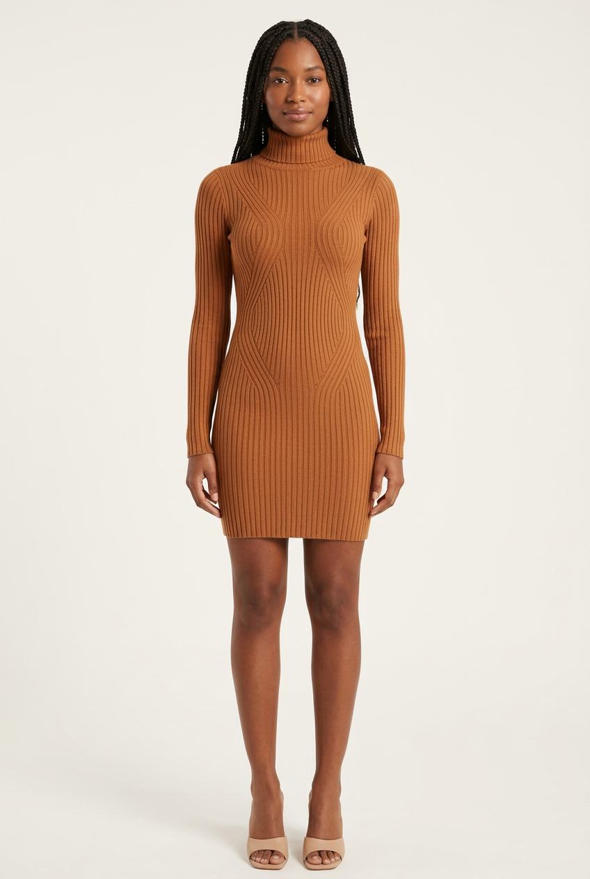 Model wearing a fitted brown ribbed long sleeve mini dress
