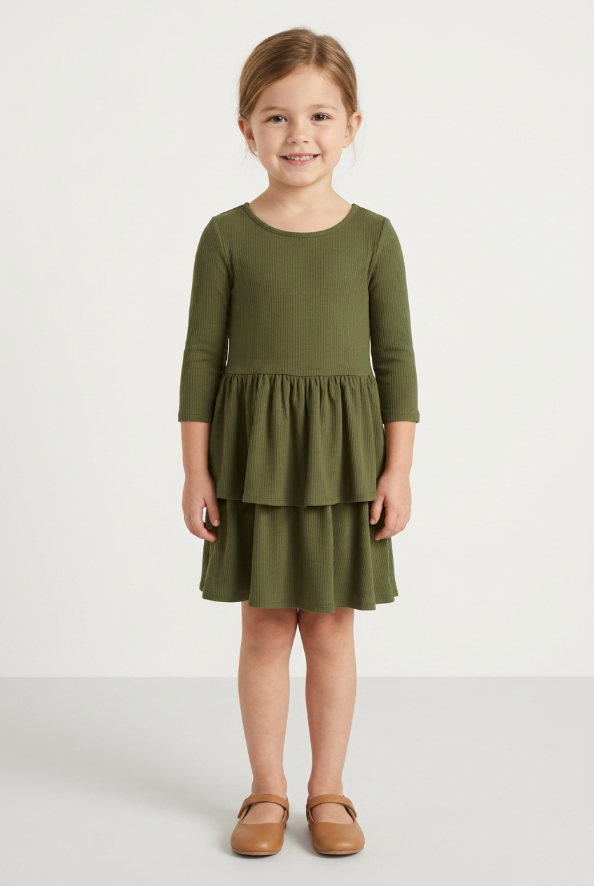 Child model wearing an olive green ribbed-knit tiered ruffle dress